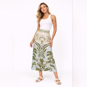 Parker Tropical Print Midi Skirt Green Palm Print High Waist Slip Skirt XL NWT